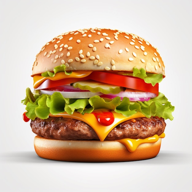 A hamburger with lettuce, tomato, and onion on it.