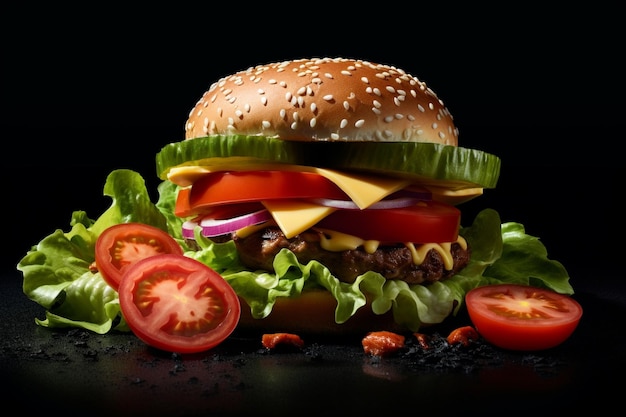 A hamburger with lettuce, tomato, and onion on it