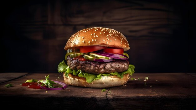 Photo a hamburger with lettuce, tomato, and onion on a wooden table.