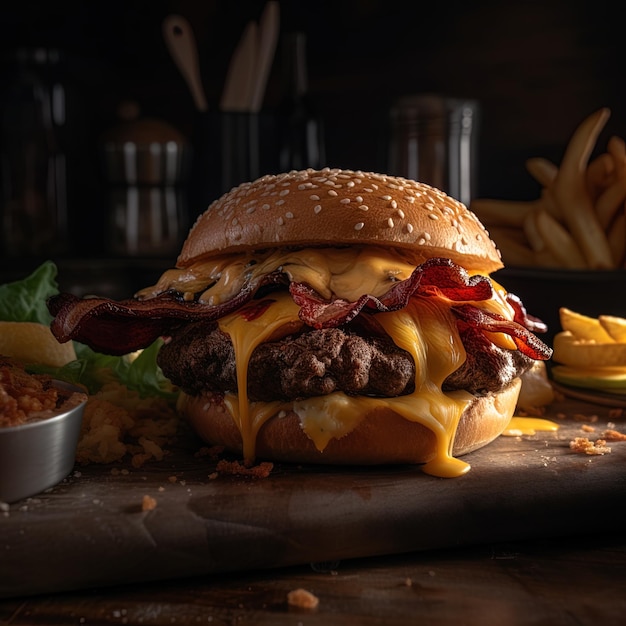 A hamburger with a lot of cheese and fries on the table.