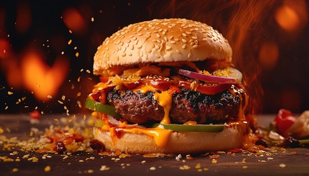 Photo a hamburger with a lot of cheese on it is shown