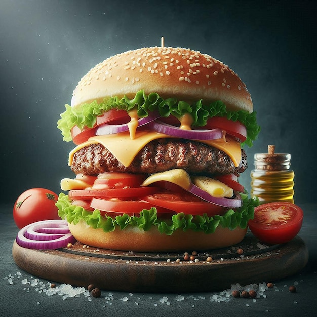 Photo a hamburger with a lot of vegetables and a bottle of oil