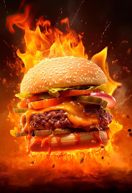 Foto un hamburger con carne, formaggio e fuoco