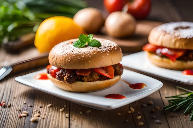 a hamburger with meat and cheese on a plate with tomatoes and onions.