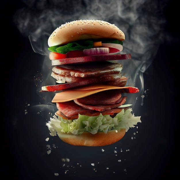 A hamburger with meat, lettuce, tomato, and onions is flying through the air.