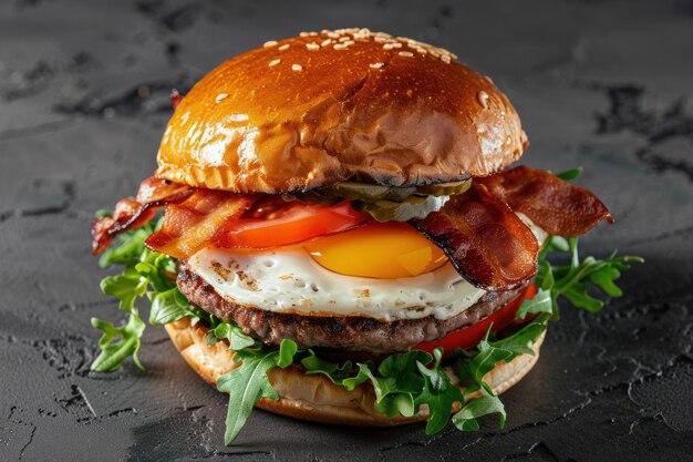Premium Photo | Hamburger with meat and vegetables bacon and egg inside
