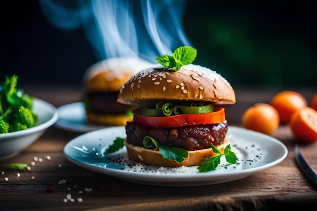 ハンバーガーと肉と野菜を皿の上に置いてその後ろに煙草を吸っている