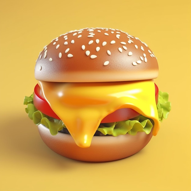 Hamburger with melted cheese on yellow background Generative AI