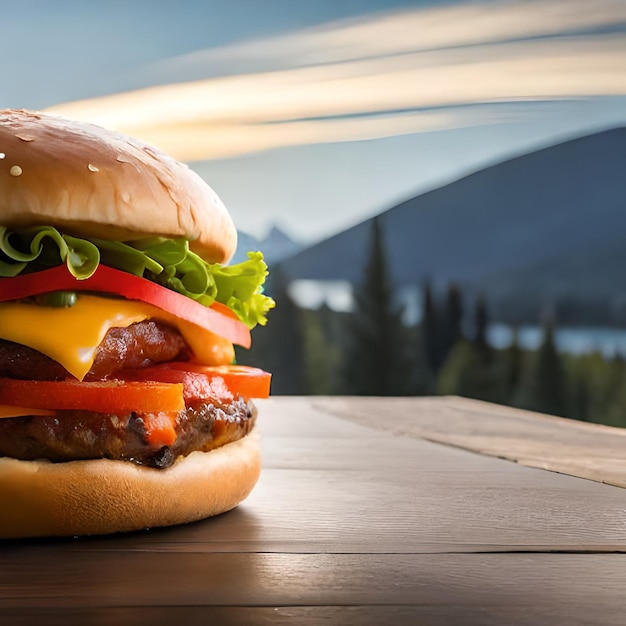 A hamburger with a mountain in the background