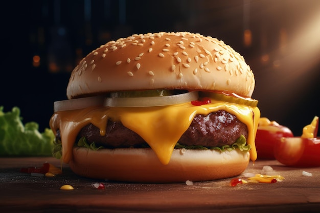 A hamburger with a mustard and ketchup on it