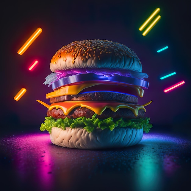 A hamburger with a neon light behind it