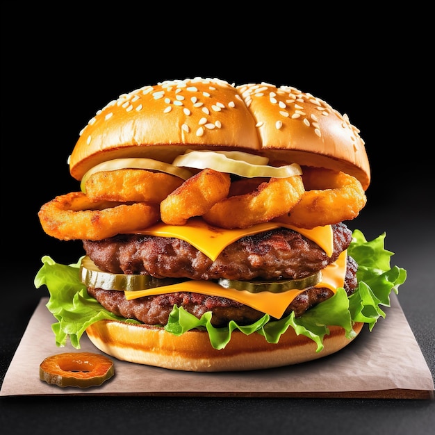 A hamburger with onion rings and onion rings on it