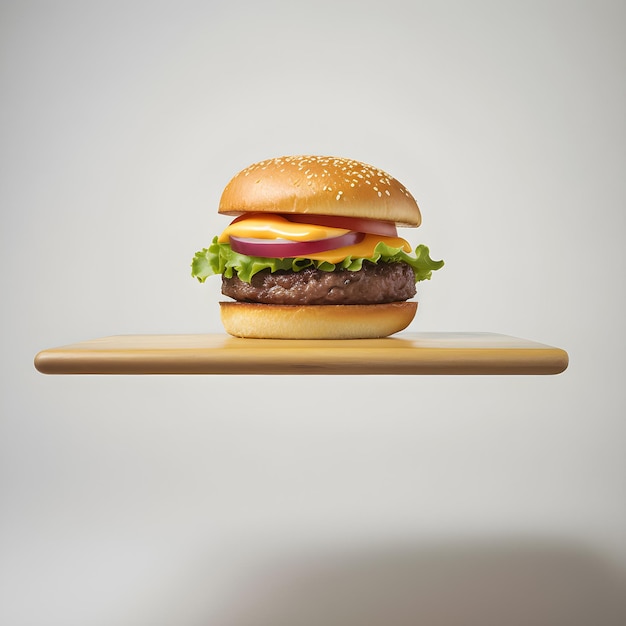 A hamburger with onions and cheese on a wooden board.