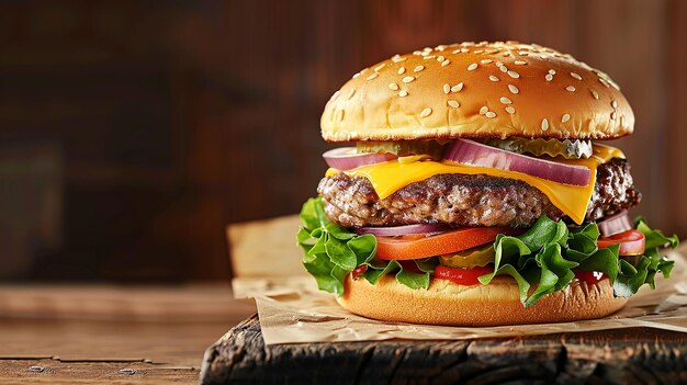 a hamburger with onions and onions on a wooden table