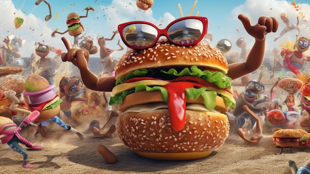 A hamburger with a pair of sunglasses and a bun with the words burger on it.