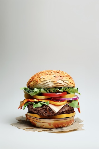 a hamburger with a paper plate that says burger on it