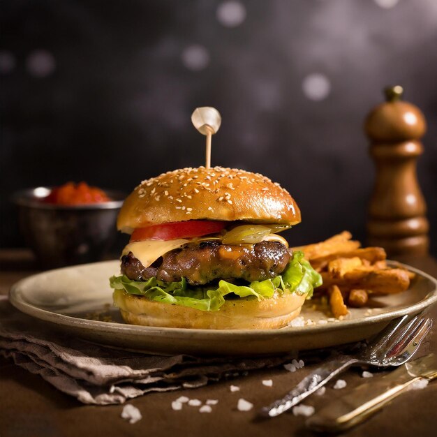 a hamburger with a pickle and fries on a plate