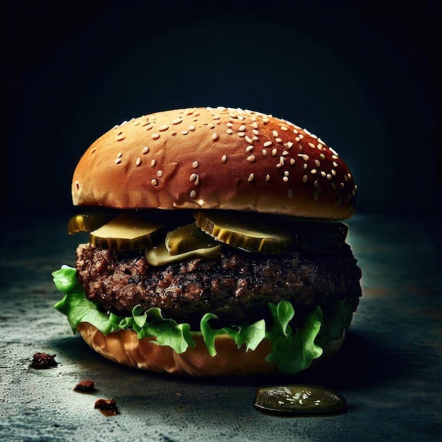 A hamburger with a pickle on it sits on a table.