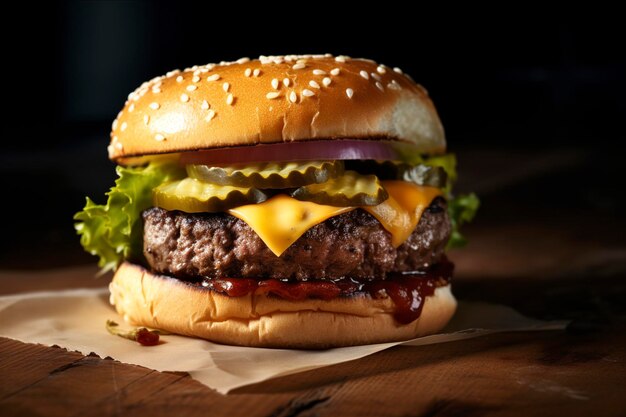 A hamburger with a pickle on it sits on a wooden table.