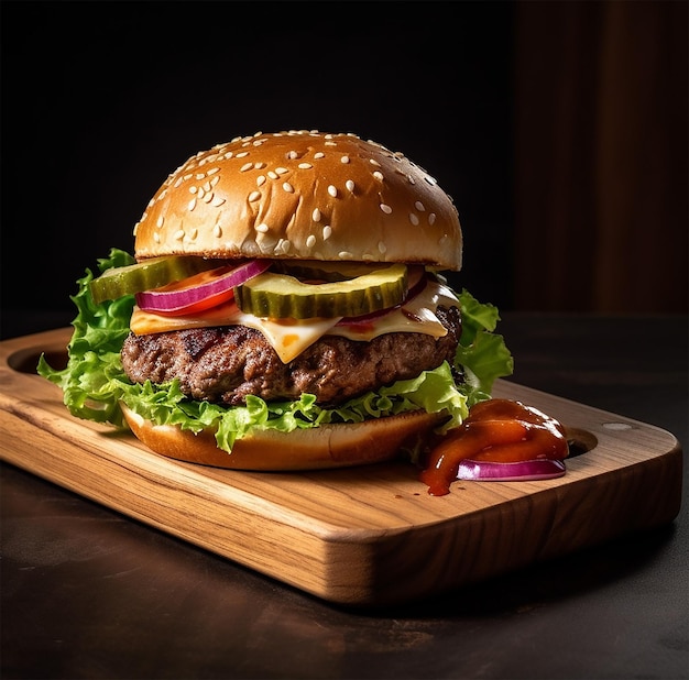 A hamburger with pickles and onions sits on a wooden board.