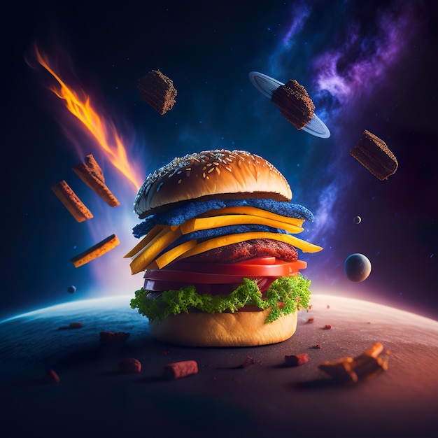 Гамбургер на фиолетовом фоне и планета на заднем плане
