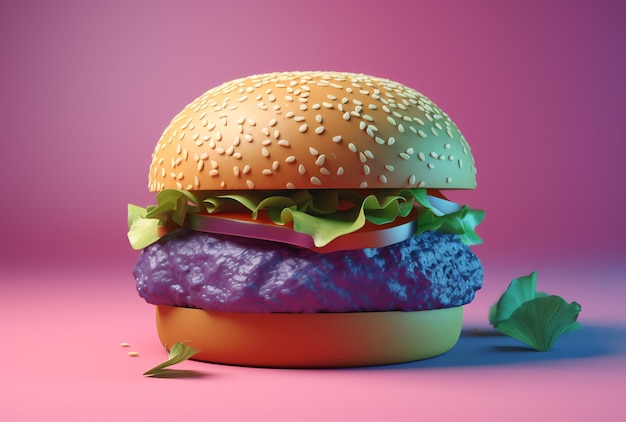 A hamburger with a purple layer of lettuce on it.