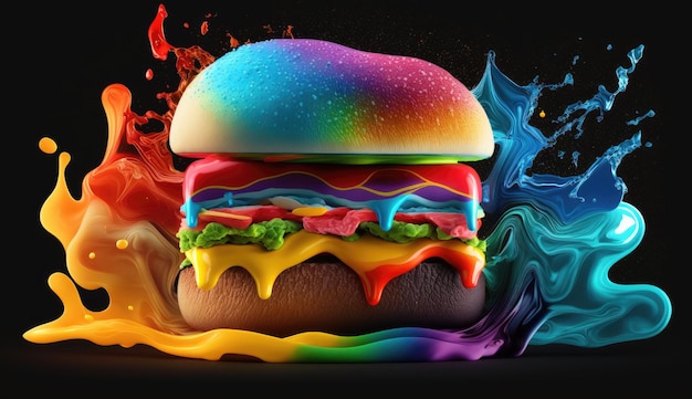 A hamburger with rainbow colors on it is in front of a rainbow.