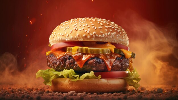 A hamburger with a red background and a red background.