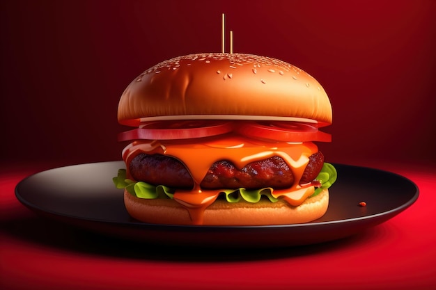 A hamburger with a red background and the words burger on it