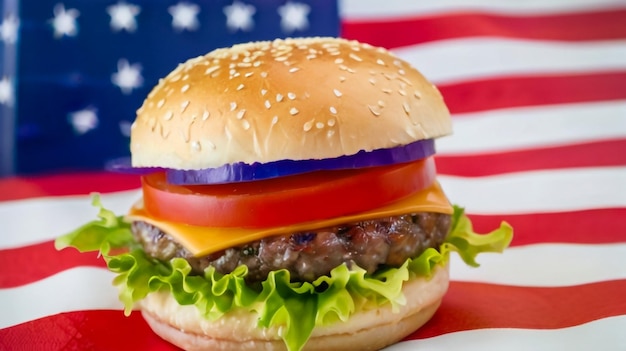 a hamburger with a red white and blue flag behind it