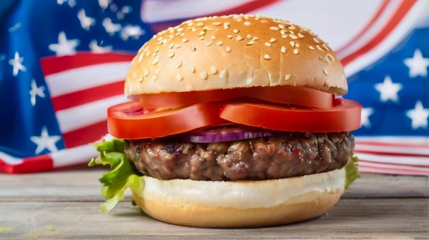 a hamburger with a red and white flag behind it