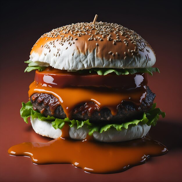 A hamburger with a sauce on it and a brown background.