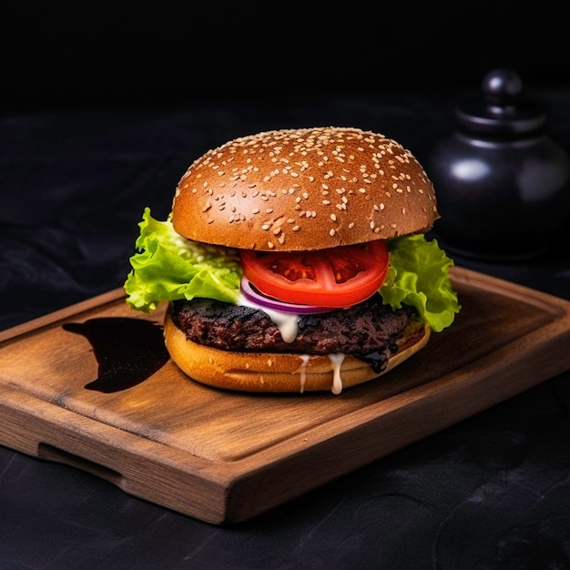 Hamburger with sauce on a wooden board on a black background