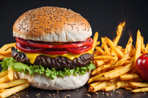 A hamburger with a side of fries on a black background.