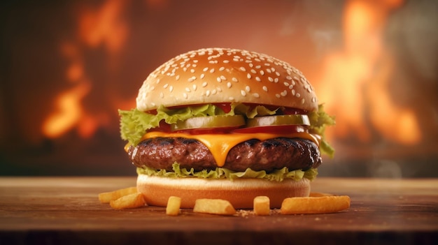 A hamburger with a side of fries on a table.