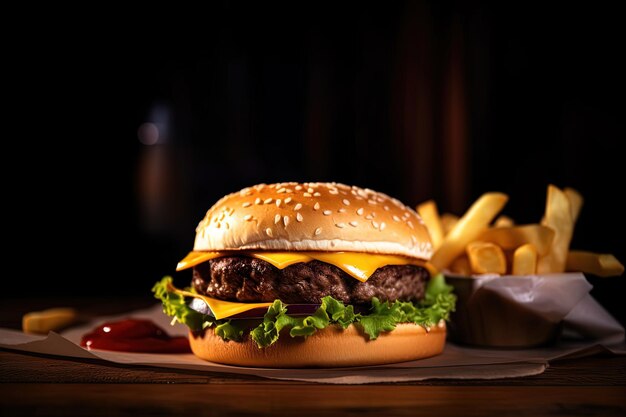 Photo a hamburger with a side of fries on a table