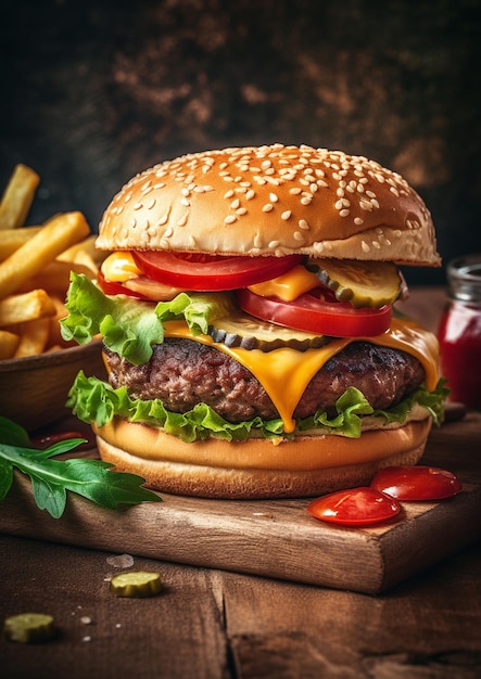 A hamburger with a side of fries on a wooden table.