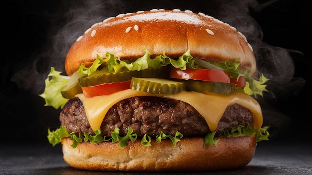 Photo a hamburger with a slice of cheese and a pickle