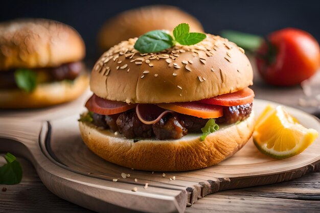 a hamburger with a slice of lemon on the top.