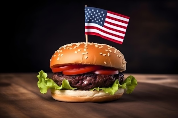 Photo hamburger with small american flag on it dark background us patriotic proud theme neural network generated in may 2023 not based on any actual scene or pattern