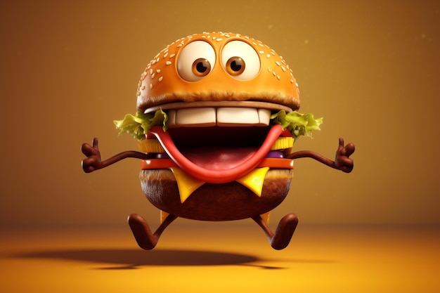 A hamburger with a smile on his face is shown with his tongue sticking out.