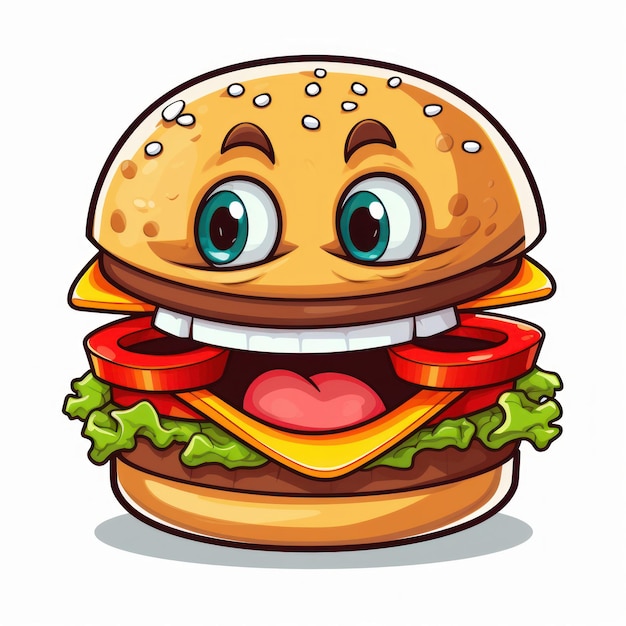 Foto hamburger con una faccia sorridente in stile cartone animato generato dall'intelligenza artificiale