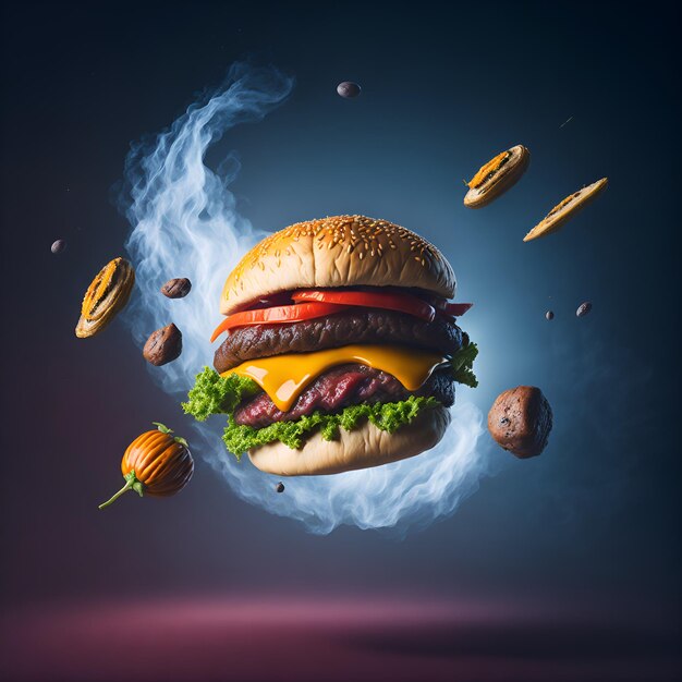 A hamburger with a smoke background and a picture of a hamburger with a bunch of buns and a bunch of buns.