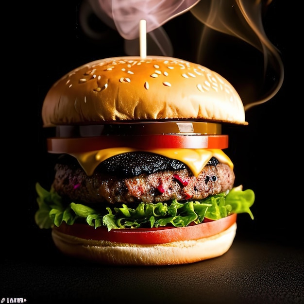 A hamburger with a smokey background and the word " the word " on the top. "