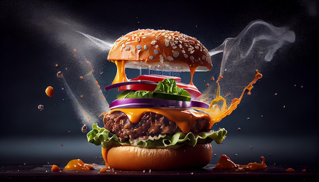 Photo a hamburger with a smokey background and the words 