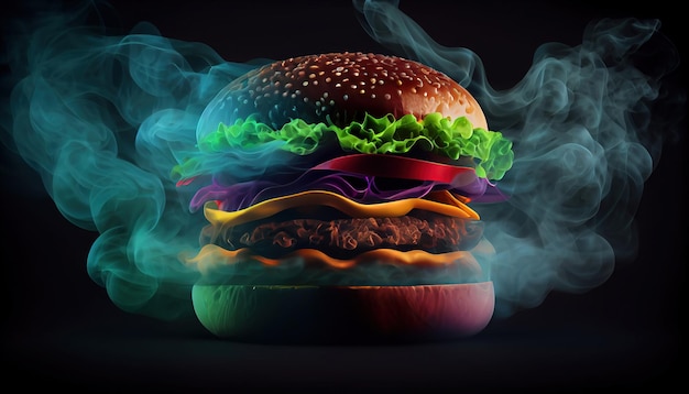 A hamburger with a smokey background