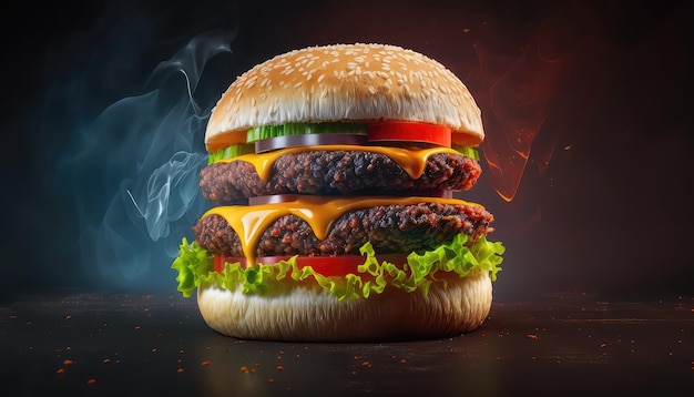 A hamburger with a smokey background