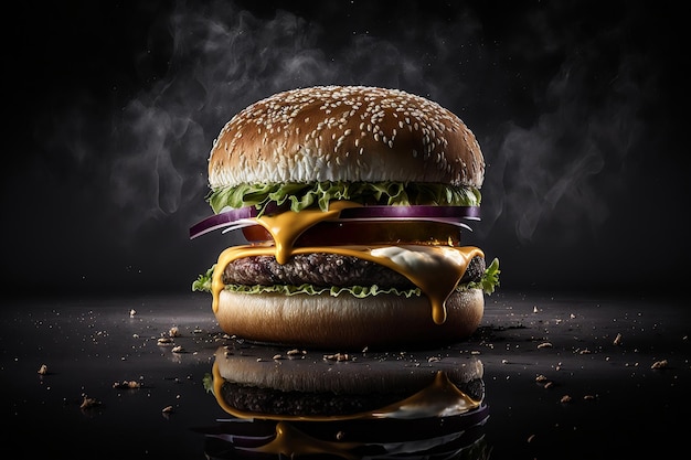 A hamburger with a Smokey background