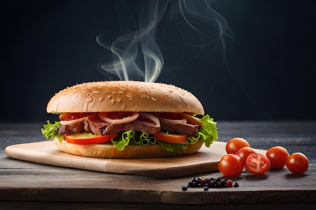 A hamburger with a smokey tomato on it