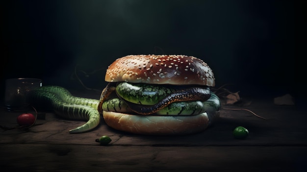 A hamburger with a snake on it